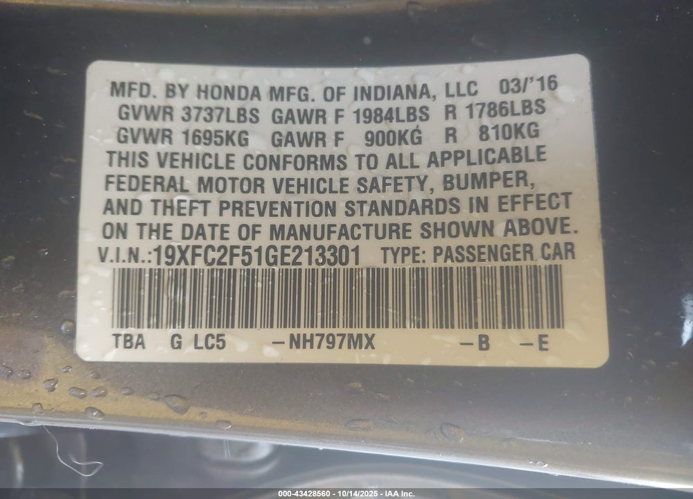 2016 HONDA CIVIC LX VIN: 19XFC2F51GE213301