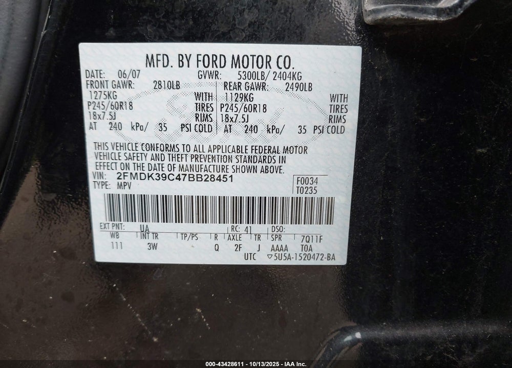 2007 FORD EDGE SEL PLUS VIN: 2FMDK39C47BB28451