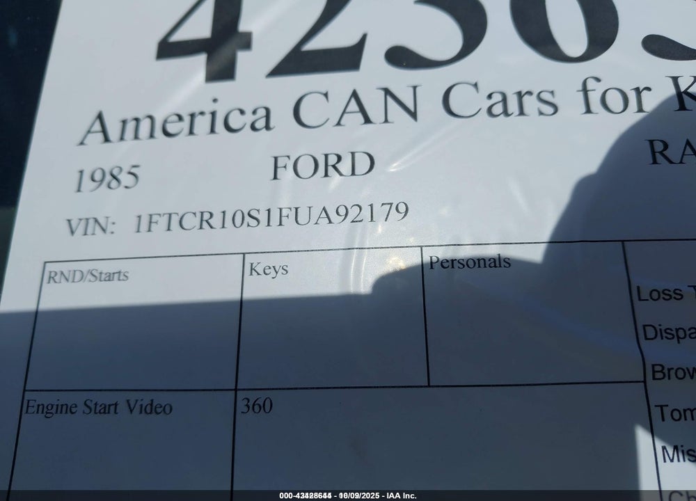 1985 FORD RANGER VIN: 1FTCR10S1FUA92179