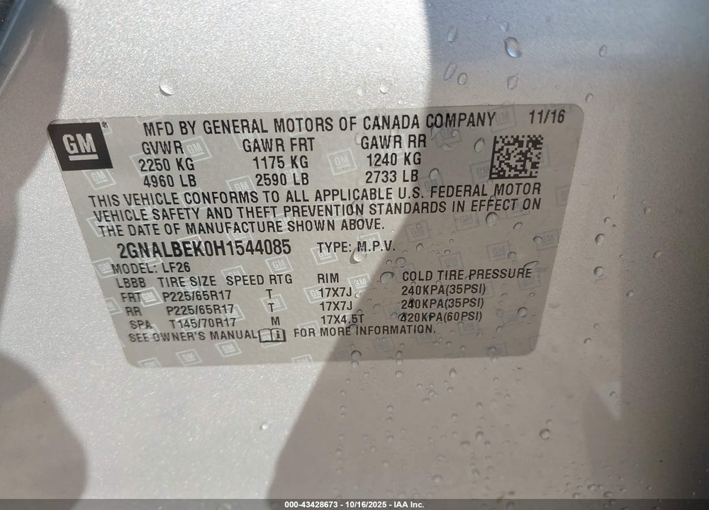2017 CHEVROLET EQUINOX VIN: 2GNALBEK0H1544085