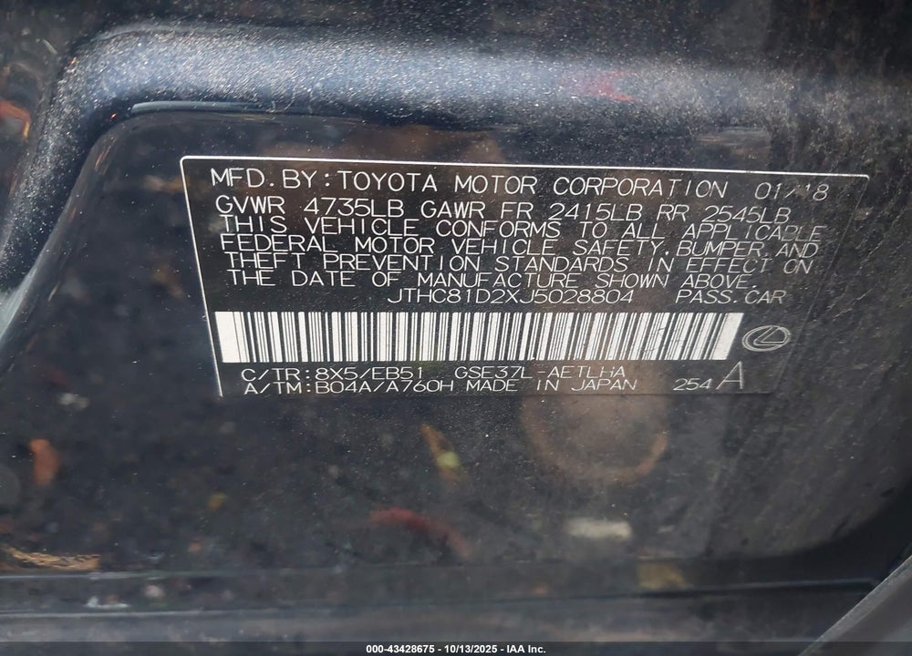 2018 LEXUS IS 300 VIN: JTHC81D2XJ5028804