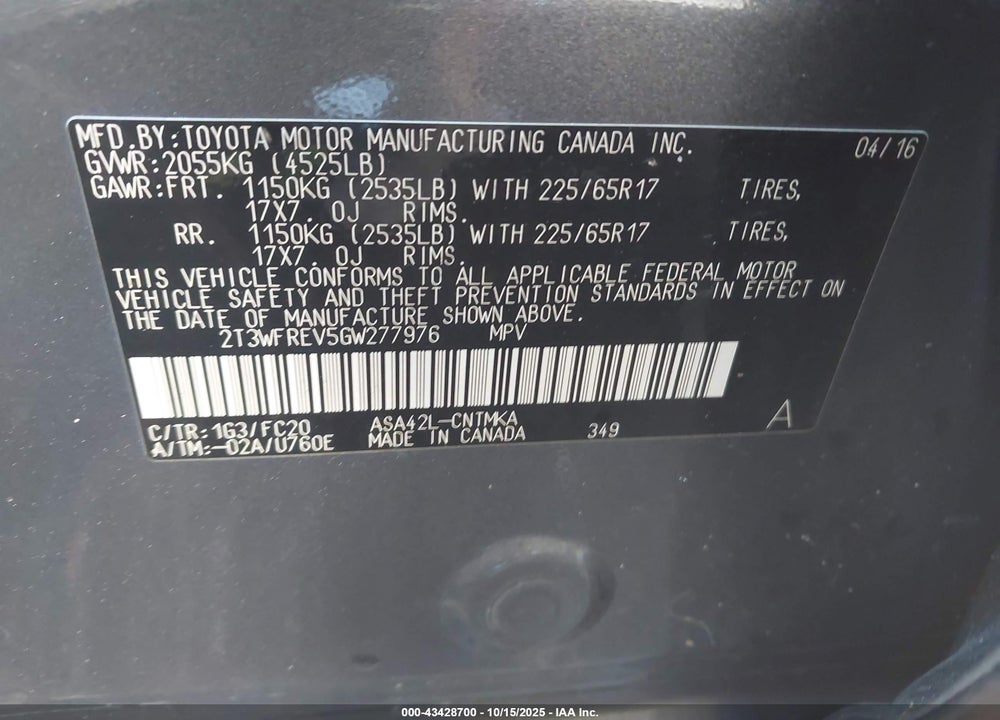 2016 TOYOTA RAV4 XLE VIN: 2T3WFREV5GW277976