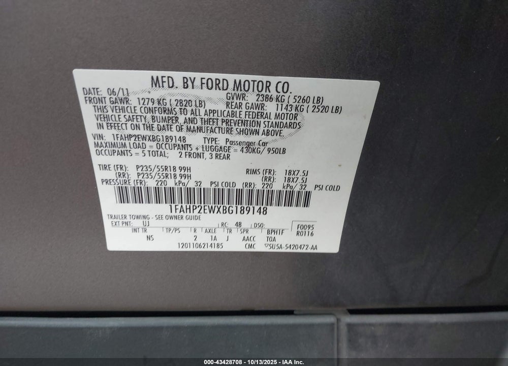 2011 FORD TAURUS VIN: 1FAHP2EWXBG189148