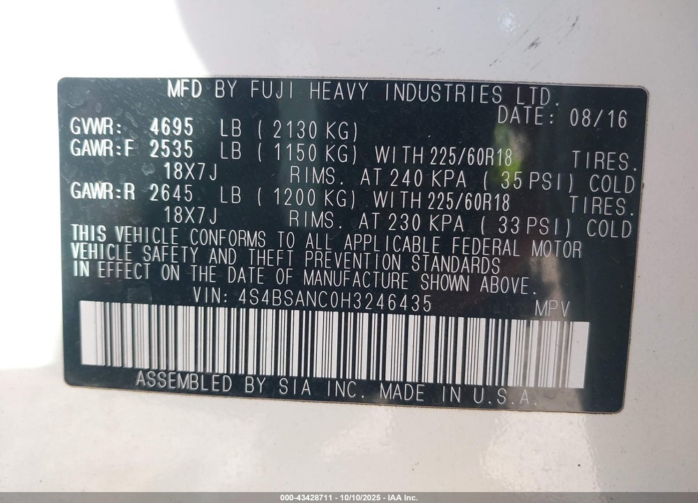 2017 SUBARU OUTBACK 2.5I LIMITED VIN: 4S4BSANC0H3246435