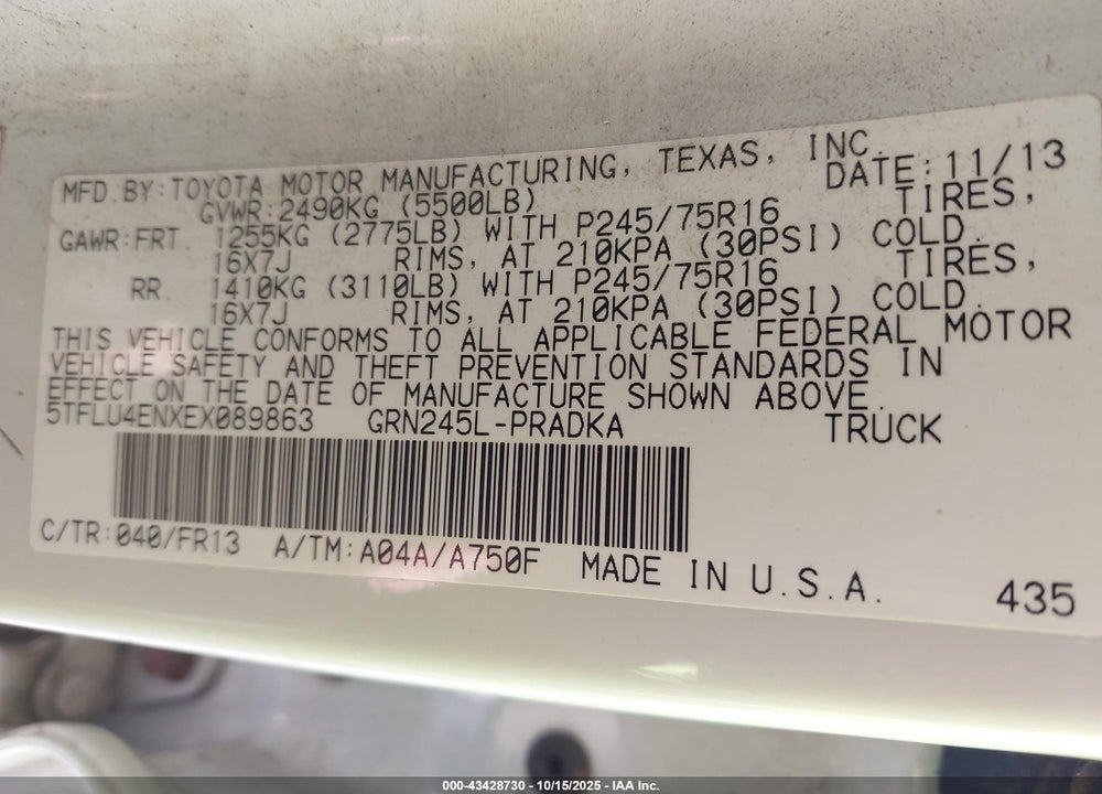 2014 TOYOTA TACOMA VIN: 5TFLU4ENXEX089863
