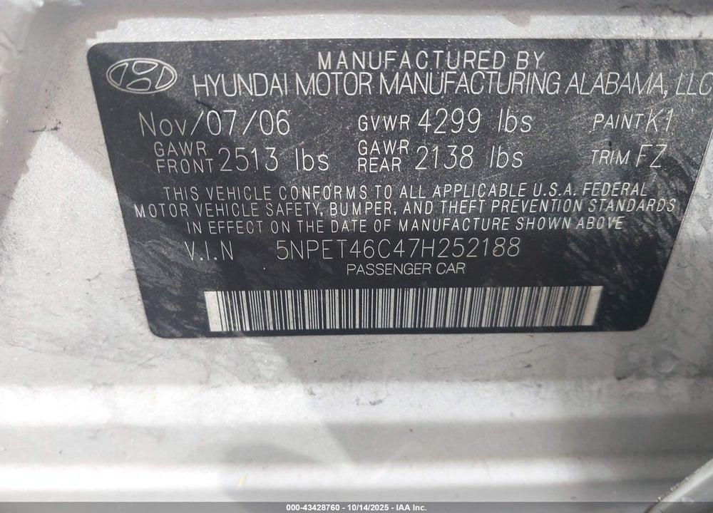 2007 HYUNDAI SONATA GLS VIN: 5NPET46C47H252188