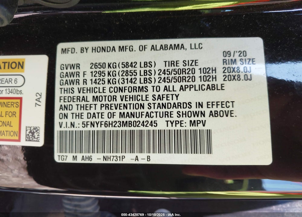 2021 HONDA PILOT VIN: 5FNYF6H23MB024245