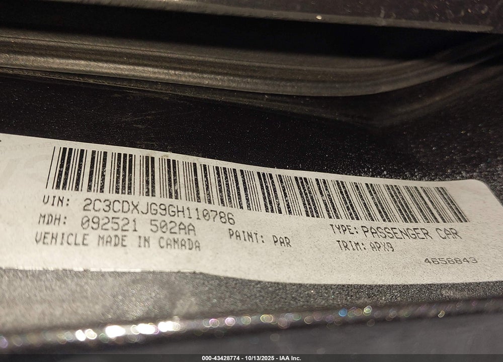 2016 DODGE CHARGER VIN: 2C3CDXJG9GH110786
