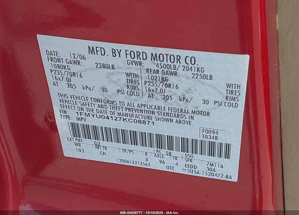 2007 FORD ESCAPE LIMITED VIN: 1FMYU04127KC08871