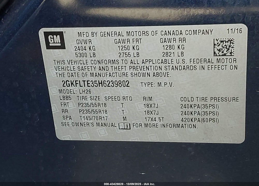 2017 GMC TERRAIN VIN: 2GKFLTE35H6239802