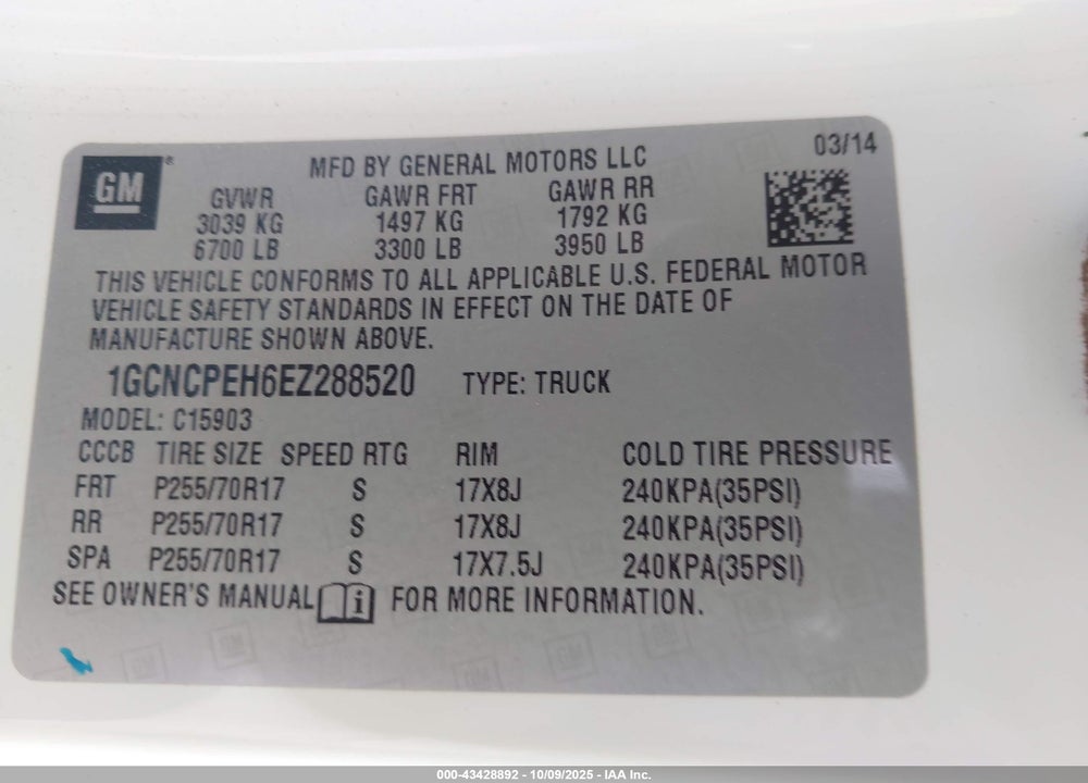 2014 CHEVROLET SILVERADO 1500 VIN: 1GCNCPEH6EZ288520