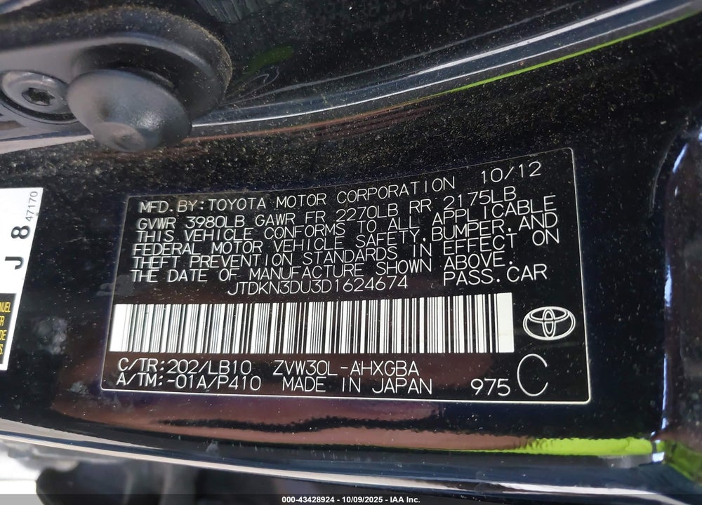 2013 TOYOTA PRIUS VIN: JTDKN3DU3D1624674