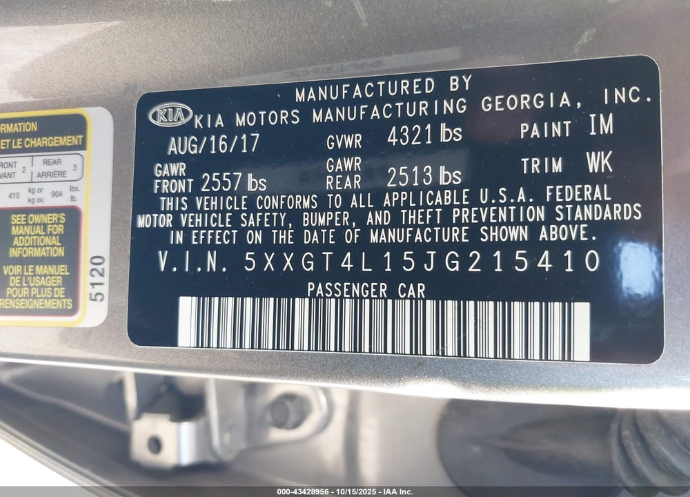 2018 KIA OPTIMA VIN: 5XXGT4L15JG215410