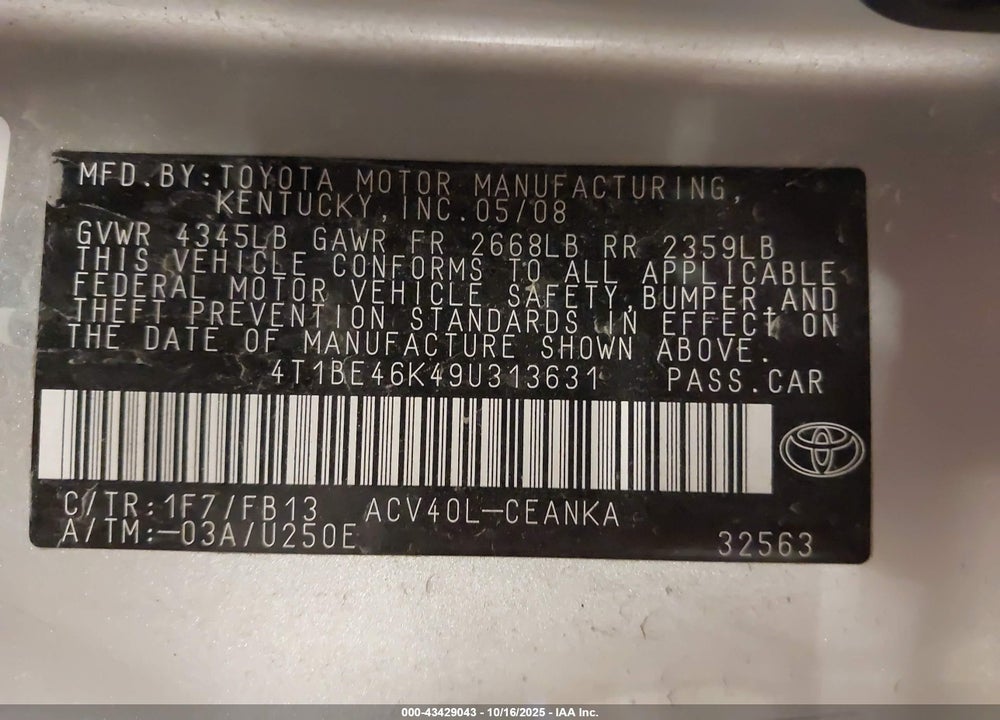 2009 TOYOTA CAMRY LE VIN: 4T1BE46K49U313631
