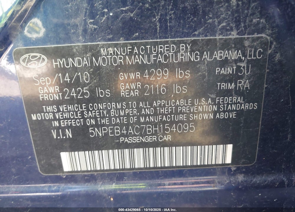 2011 HYUNDAI SONATA GLS VIN: 5NPEB4AC7BH154095