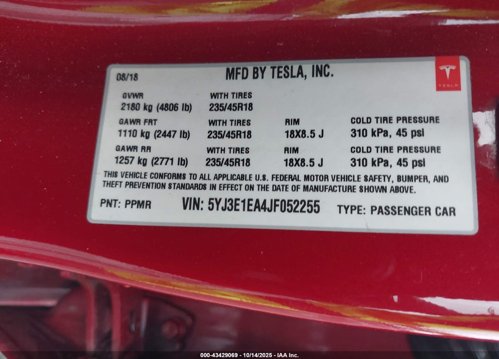 2018 TESLA MODEL 3 LONG RANGE/MID RANGE VIN: 5YJ3E1EA4JF052255