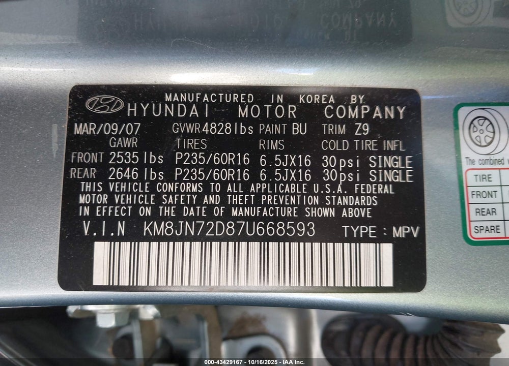 2007 HYUNDAI TUCSON LIMITED/SE VIN: KM8JN72D87U668593
