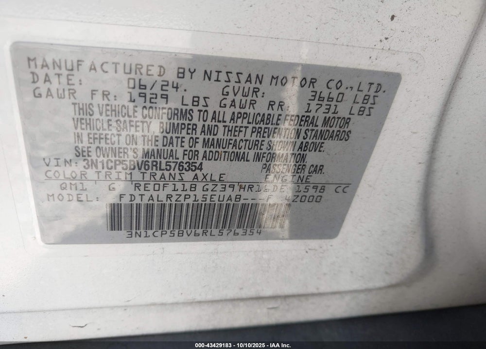 2024 NISSAN KICKS S XTRONIC CVT VIN: 3N1CP5BV6RL576354
