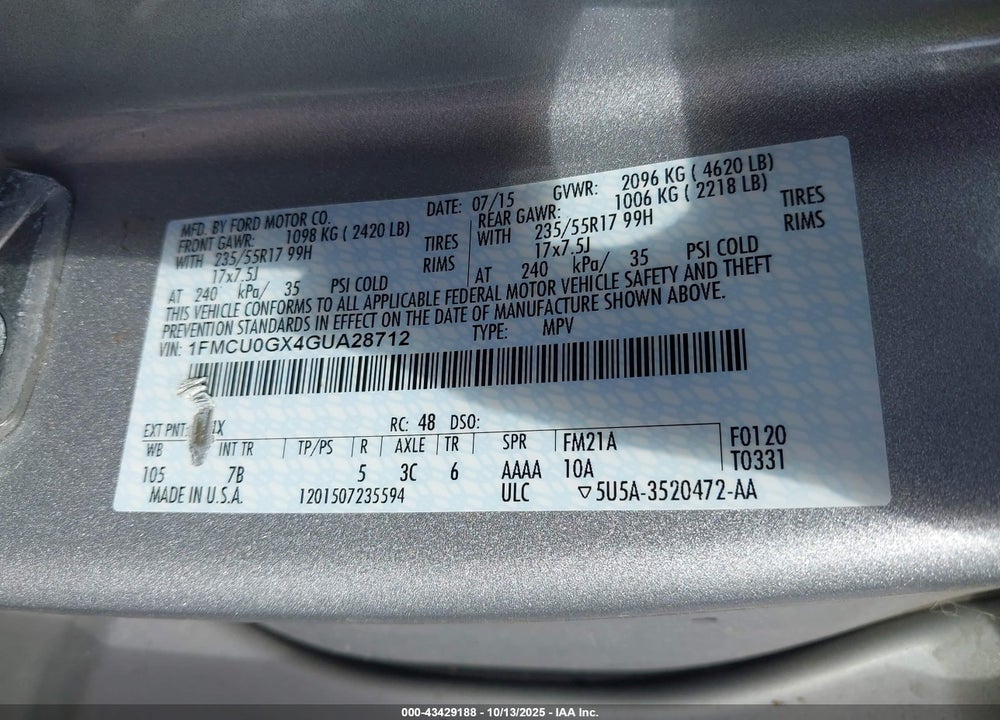 2016 FORD ESCAPE VIN: 1FMCU0GX4GUA28712