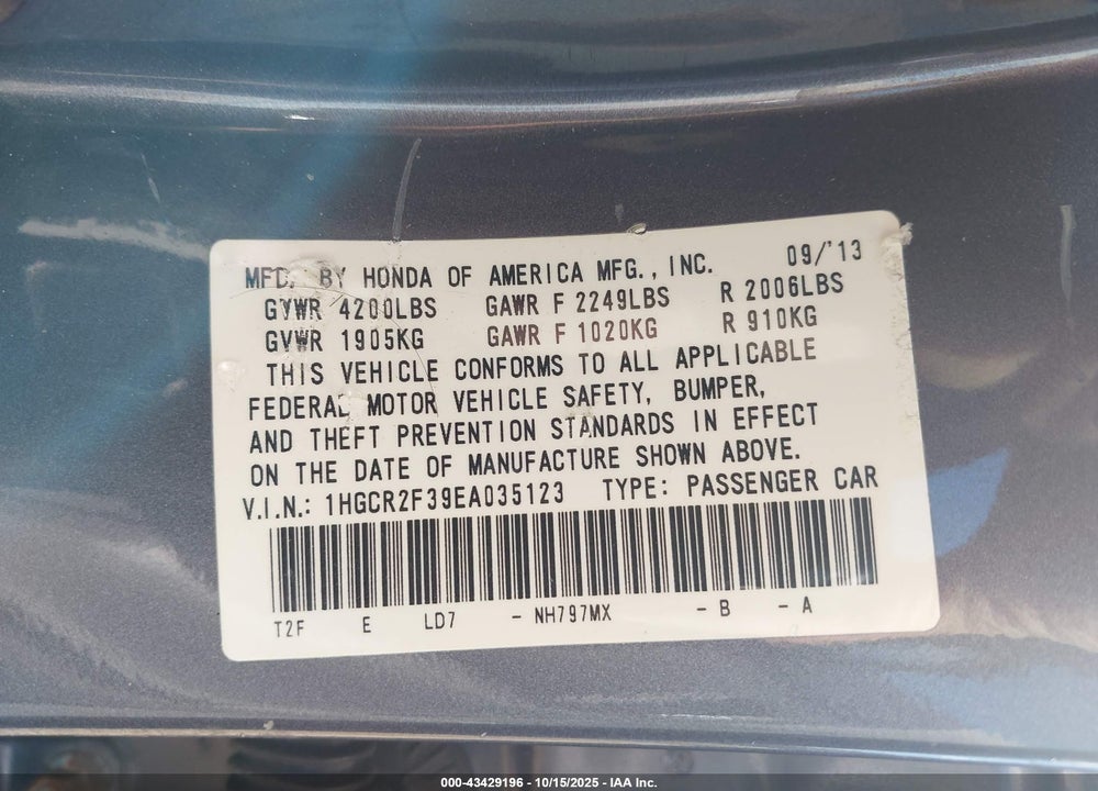 2014 HONDA ACCORD LX VIN: 1HGCR2F39EA035123