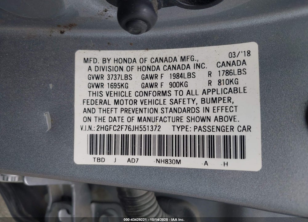 2018 HONDA CIVIC EX VIN: 2HGFC2F76JH551372