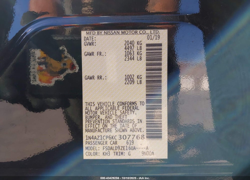 2019 NISSAN LEAF VIN: 1N4AZ1CP6KC307768