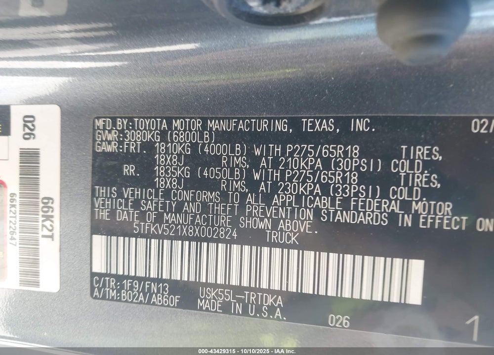 2008 TOYOTA TUNDRA BASE 5.7L V8 VIN: 5TFKV521X8X002824