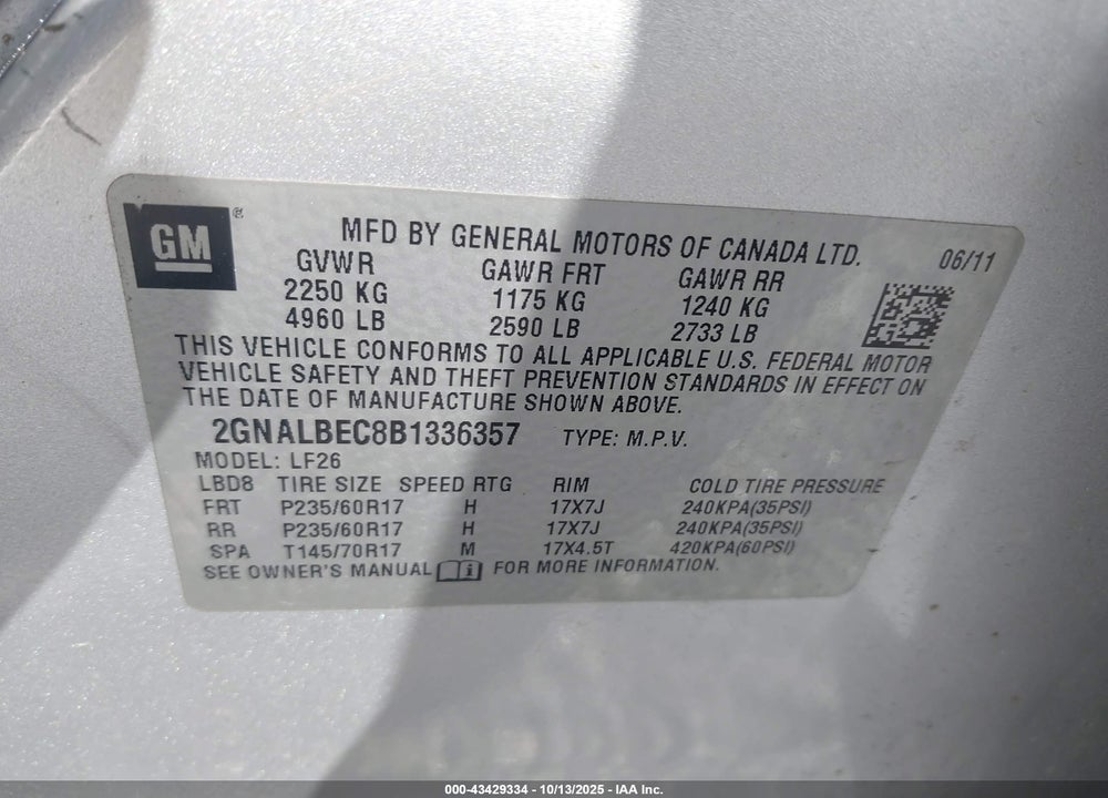 2011 CHEVROLET EQUINOX VIN: 2GNALBEC8B1336357