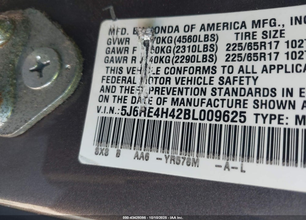 2011 HONDA CR-V SE VIN: 5J6RE4H42BL009625