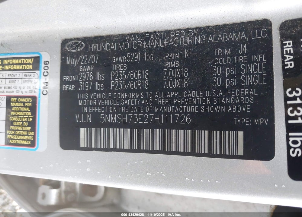 2007 HYUNDAI SANTA FE VIN: 5NMSH73E27H111726