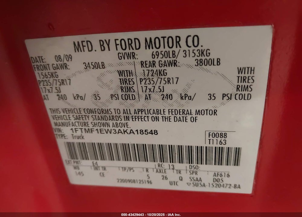 2010 FORD F-150 VIN: 1FTMF1EW3AKA18548