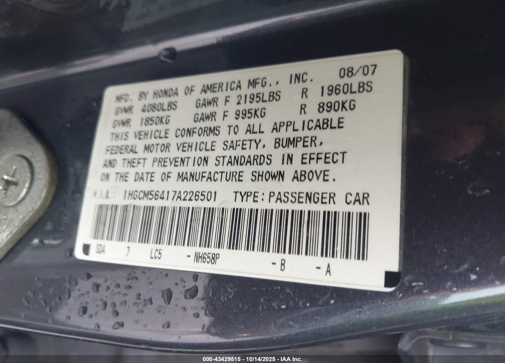 2007 HONDA ACCORD 2.4 LX VIN: 1HGCM56417A226501