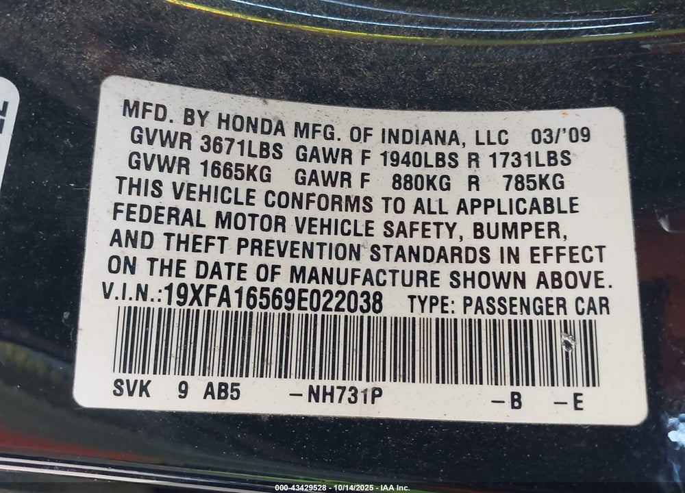 2009 HONDA CIVIC LX VIN: 19XFA16569E022038