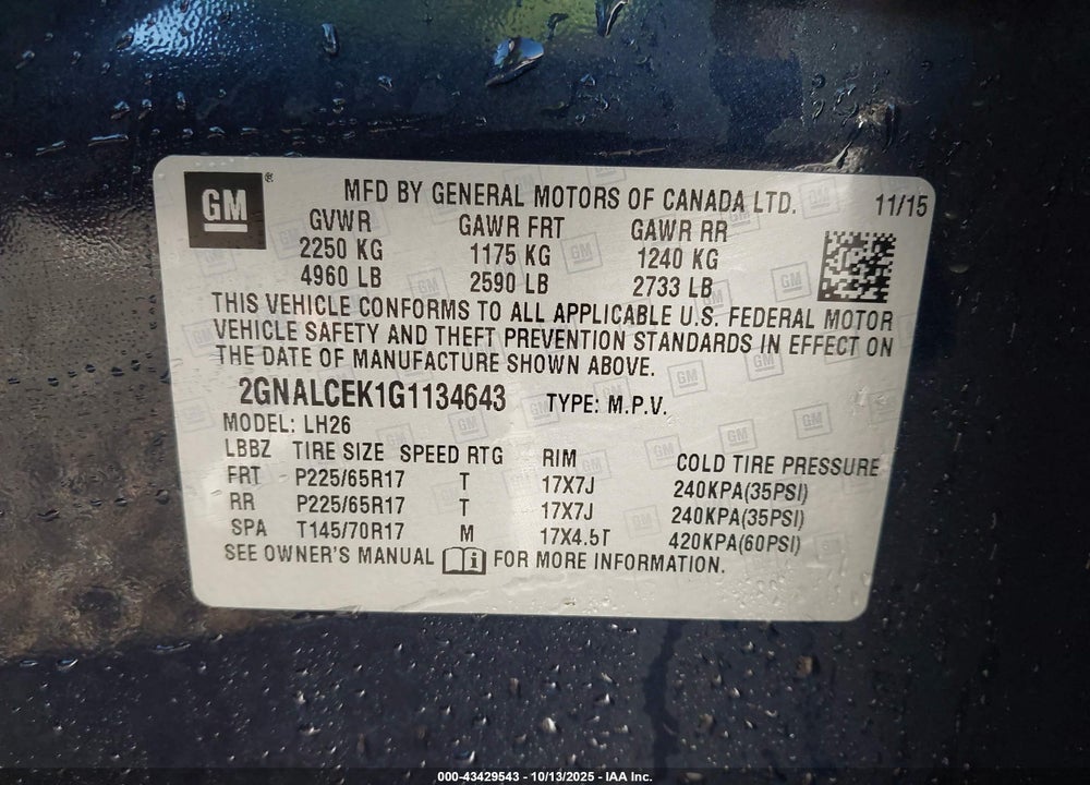 2016 CHEVROLET EQUINOX VIN: 2GNALCEK1G1134643