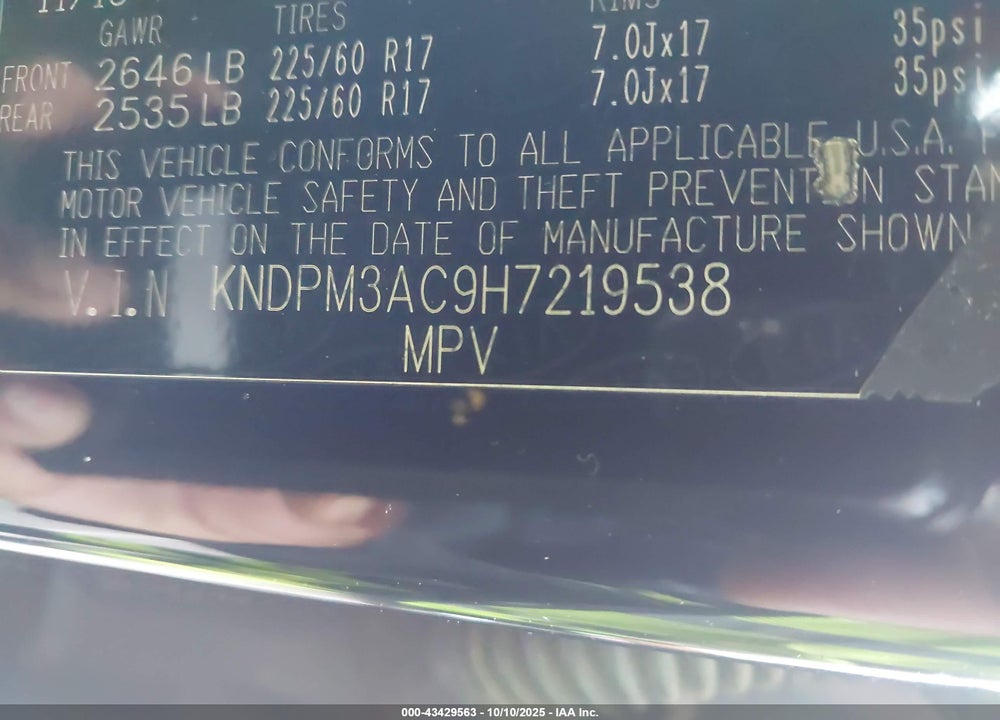 2017 KIA SPORTAGE VIN: KNDPM3AC9H7219538