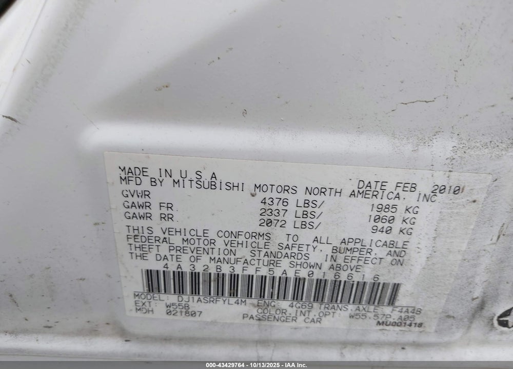 2010 MITSUBISHI GALANT VIN: 4A32B3FF5AE016616