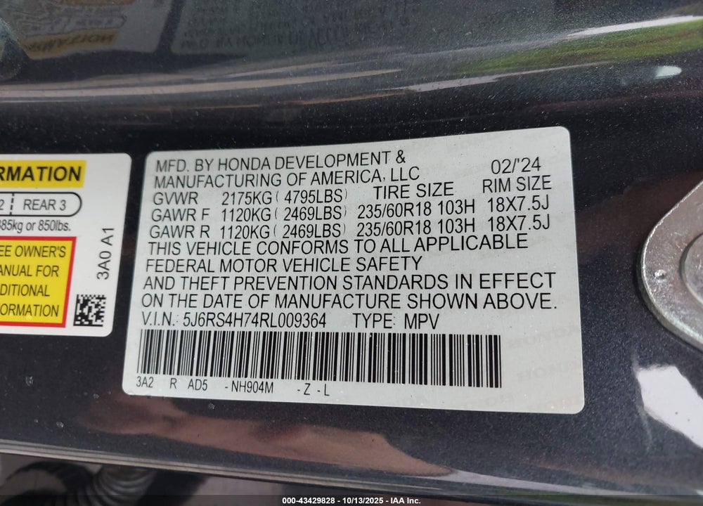 2024 HONDA CR-V EX-L AWD VIN: 5J6RS4H74RL009364