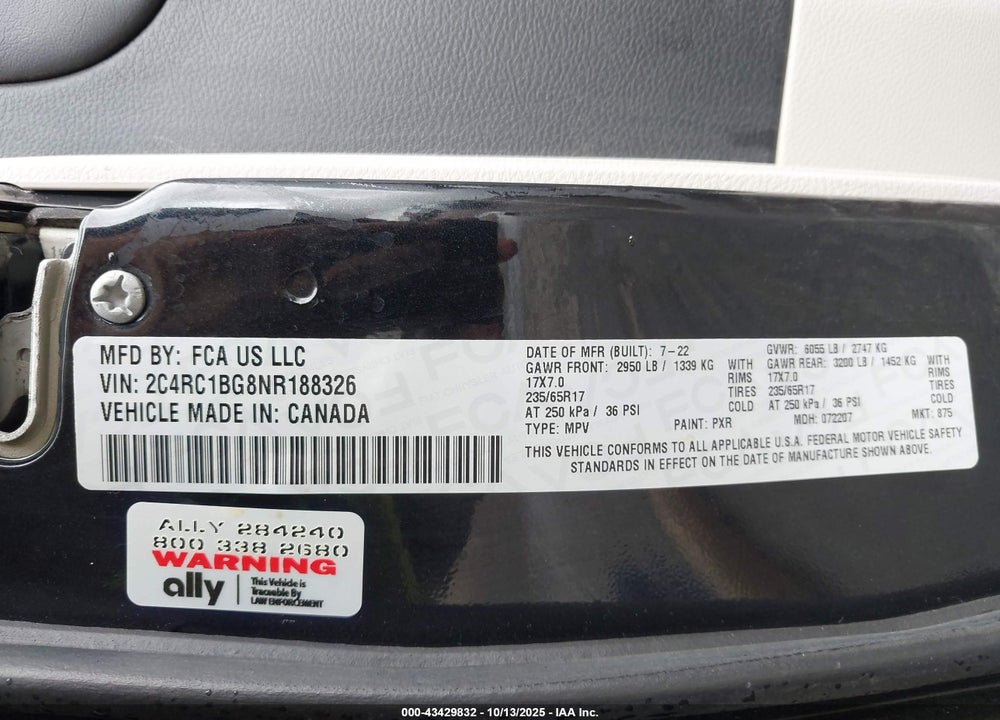 2022 CHRYSLER PACIFICA TOURING L VIN: 2C4RC1BG8NR188326