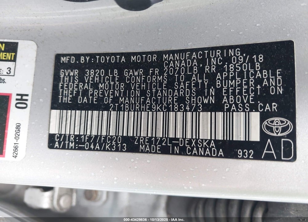 2019 TOYOTA COROLLA SE VIN: 2T1BURHE9KC183473