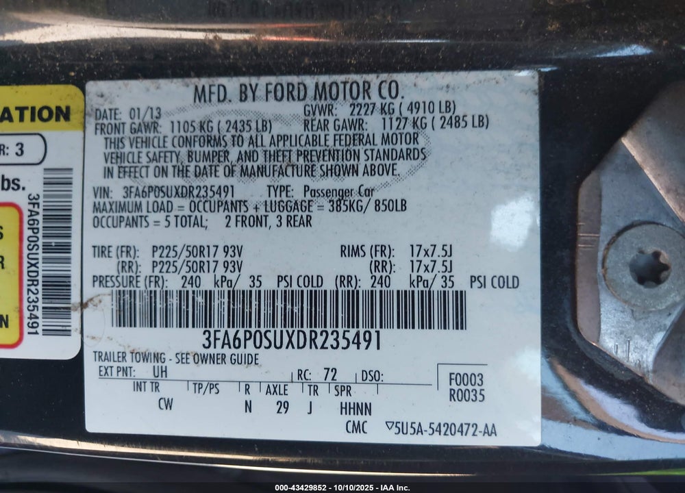 2013 FORD FUSION VIN: 3FA6P0SUXDR235491