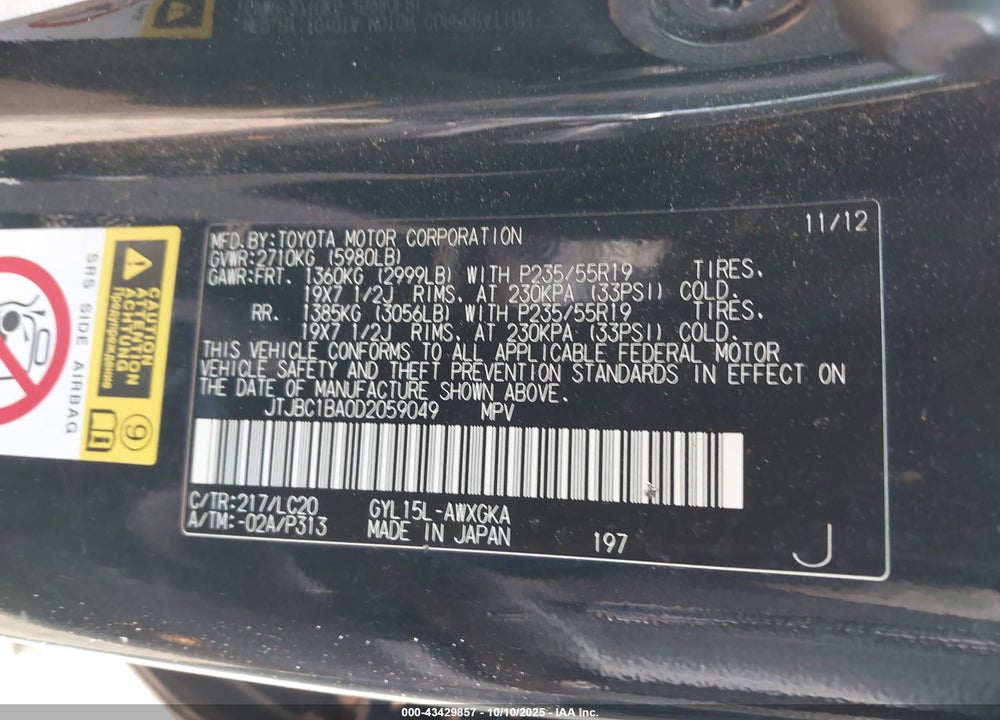 2013 LEXUS RX 450H VIN: JTJBC1BA0D2059049