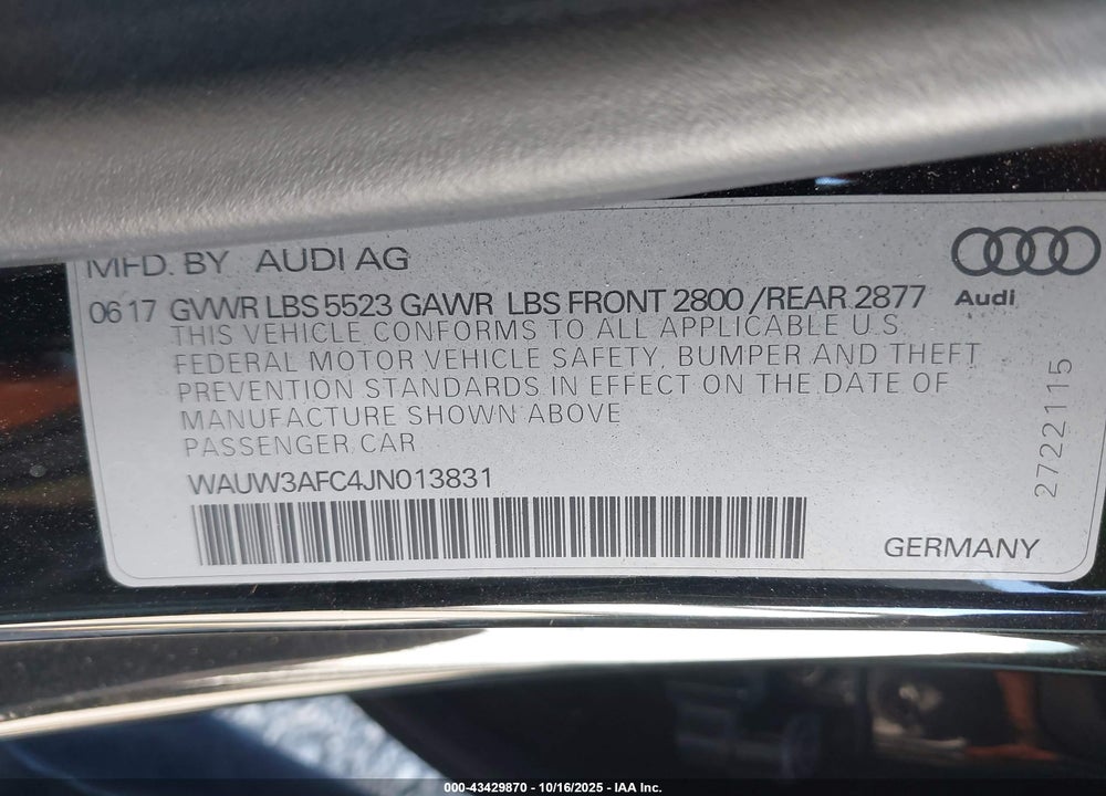 2018 AUDI A7 3.0T PREMIUM PLUS VIN: WAUW3AFC4JN013831