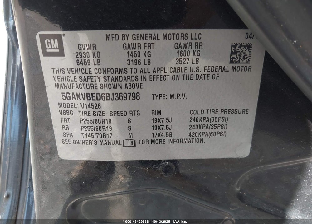 2011 BUICK ENCLAVE VIN: 5GAKVBED6BJ369798