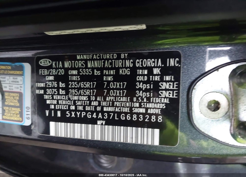 2020 KIA SORENTO 2.4L LX VIN: 5XYPG4A37LG683288