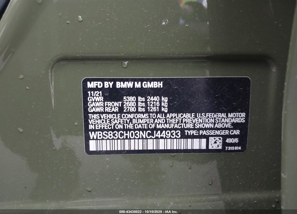 2022 BMW M5 VIN: WBS83CH03NCJ44933