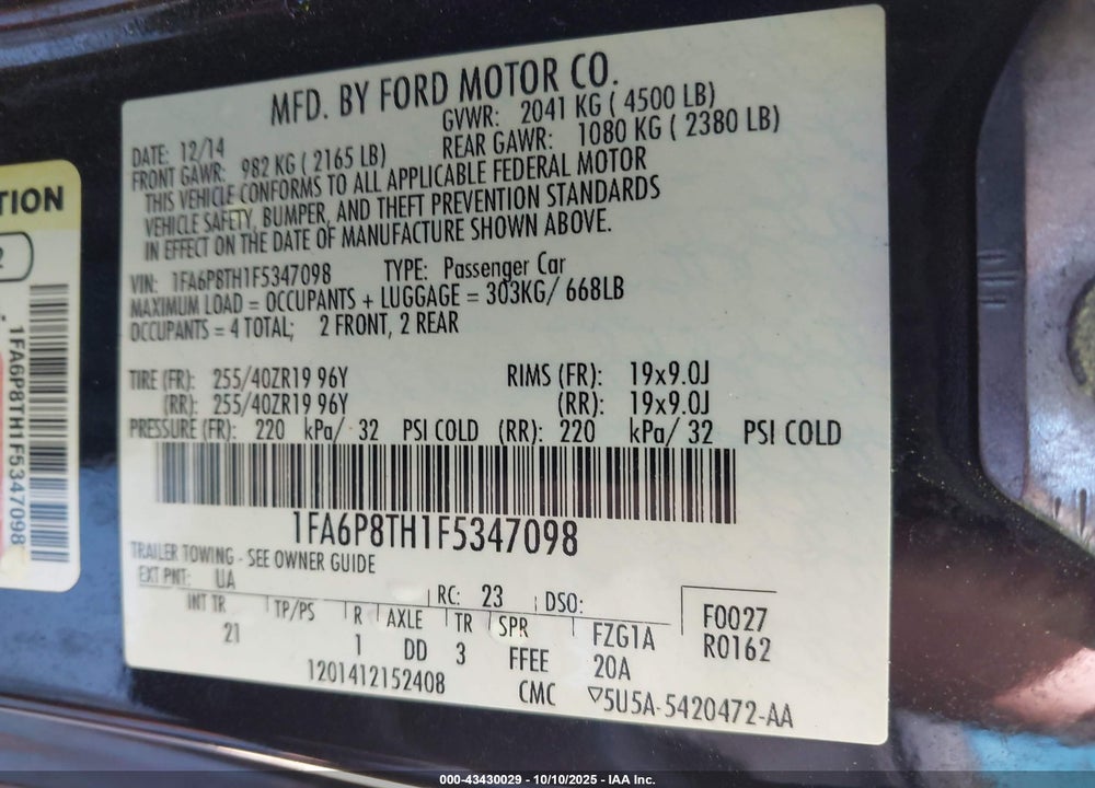 2015 FORD MUSTANG VIN: 1FA6P8TH1F5347098