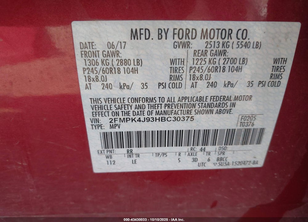 2017 FORD EDGE SEL VIN: 2FMPK4J93HBC30375