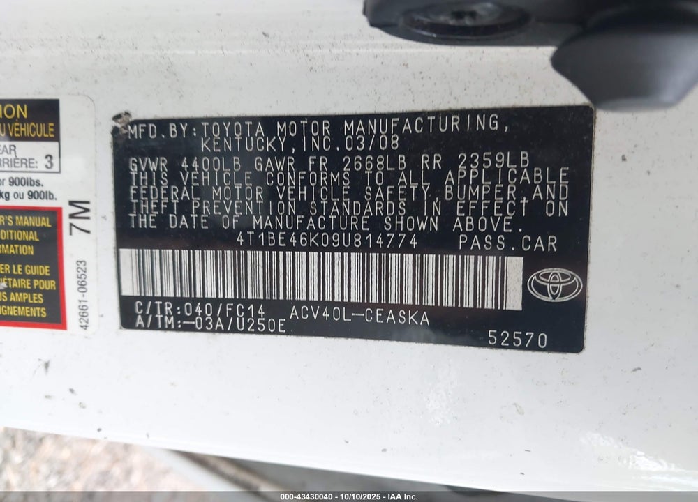 2009 TOYOTA CAMRY VIN: 4T1BE46K09U814774