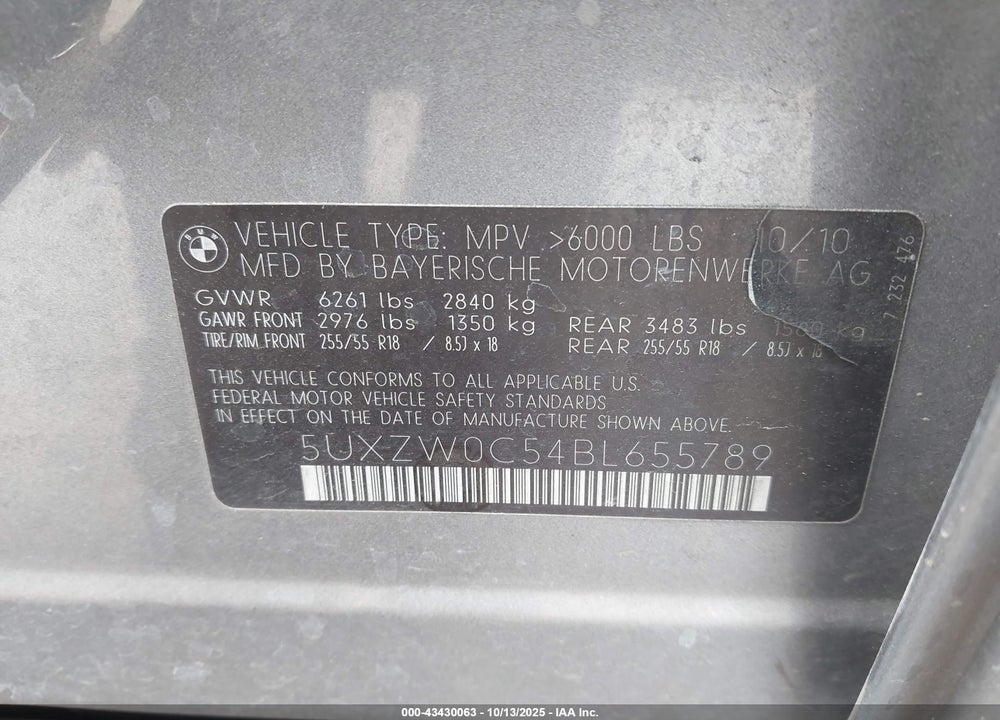 2011 BMW X5 XDRIVE35D VIN: 5UXZW0C54BL655789