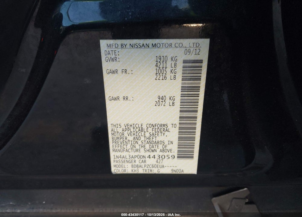 2013 NISSAN ALTIMA 2.5 VIN: 1N4AL3AP0DN443059